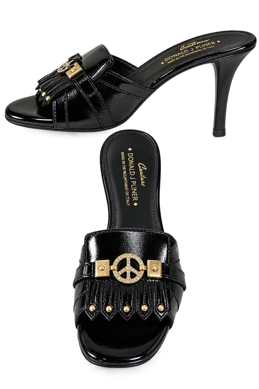 Donald Pliner Black Leather Slide Shoe Rhinestone Peace Sign NWT $275 Sz 6